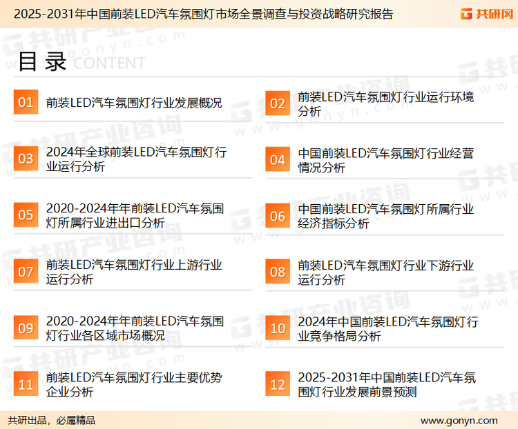 为确保前装LED汽车氛围灯行业数据精准性以及内容的可参考价值，共研产业研究院团队通过上市公司年报、厂家调研、经销商座谈、专家验证等多渠道开展数据采集工作，并运用共研自主建立的产业分析模型，结合市场、行业和厂商进行深度剖析，能够反映当前市场现状、热点、动态及未来趋势，使从业者能够从多种维度、多个侧面综合了解当前前装LED汽车氛围灯行业的发展态势。