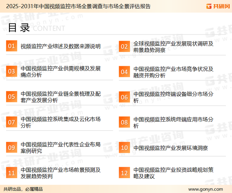 为确保视频监控行业数据精准性以及内容的可参考价值，共研产业研究院团队通过上市公司年报、厂家调研、经销商座谈、专家验证等多渠道开展数据采集工作，并运用共研自主建立的产业分析模型，结合市场、行业和厂商进行深度剖析，能够反映当前市场现状、热点、动态及未来趋势，使从业者能够从多种维度、多个侧面综合了解当前视频监控行业的发展态势。