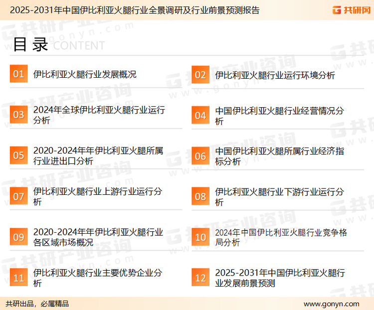 为确保伊比利亚火腿行业数据精准性以及内容的可参考价值，共研产业研究院团队通过上市公司年报、厂家调研、经销商座谈、专家验证等多渠道开展数据采集工作，并运用共研自主建立的产业分析模型，结合市场、行业和厂商进行深度剖析，能够反映当前市场现状、热点、动态及未来趋势，使从业者能够从多种维度、多个侧面综合了解当前伊比利亚火腿行业的发展态势。