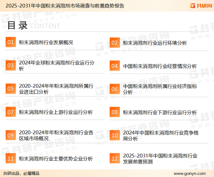 为确保粉末消泡剂行业数据精准性以及内容的可参考价值，共研产业研究院团队通过上市公司年报、厂家调研、经销商座谈、专家验证等多渠道开展数据采集工作，并运用共研自主建立的产业分析模型，结合市场、行业和厂商进行深度剖析，能够反映当前市场现状、热点、动态及未来趋势，使从业者能够从多种维度、多个侧面综合了解当前粉末消泡剂行业的发展态势。