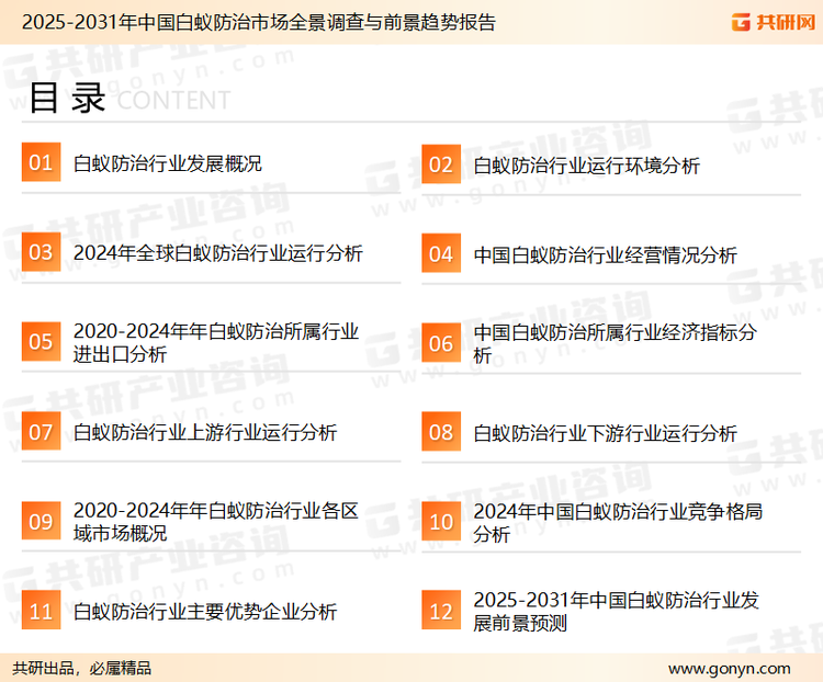 为确保白蚁防治行业数据精准性以及内容的可参考价值，共研产业研究院团队通过上市公司年报、厂家调研、经销商座谈、专家验证等多渠道开展数据采集工作，并运用共研自主建立的产业分析模型，结合市场、行业和厂商进行深度剖析，能够反映当前市场现状、热点、动态及未来趋势，使从业者能够从多种维度、多个侧面综合了解当前白蚁防治行业的发展态势。