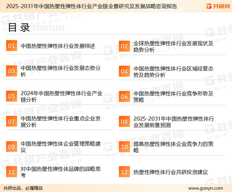 为确保热塑性弹性体行业数据精准性以及内容的可参考价值，共研产业研究院团队通过上市公司年报、厂家调研、经销商座谈、专家验证等多渠道开展数据采集工作，并运用共研自主建立的产业分析模型，结合市场、行业和厂商进行深度剖析，能够反映当前市场现状、热点、动态及未来趋势，使从业者能够从多种维度、多个侧面综合了解当前热塑性弹性体行业的发展态势。