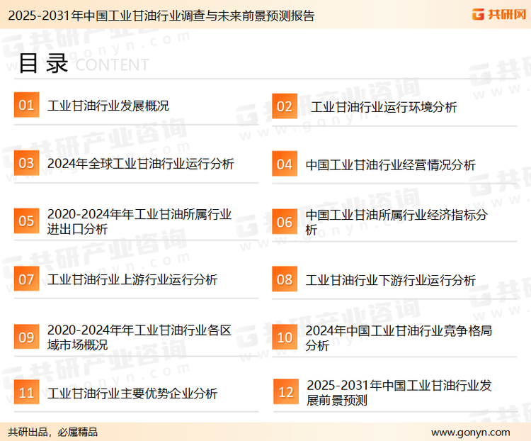 为确保工业甘油行业数据精准性以及内容的可参考价值，共研产业研究院团队通过上市公司年报、厂家调研、经销商座谈、专家验证等多渠道开展数据采集工作，并运用共研自主建立的产业分析模型，结合市场、行业和厂商进行深度剖析，能够反映当前市场现状、热点、动态及未来趋势，使从业者能够从多种维度、多个侧面综合了解当前工业甘油行业的发展态势。