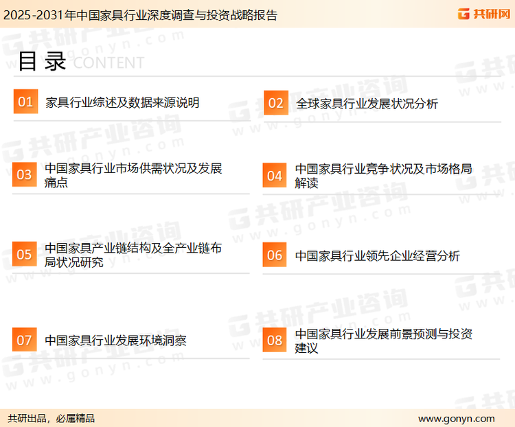 为确保家具行业数据精准性以及内容的可参考价值，共研产业研究院团队通过上市公司年报、厂家调研、经销商座谈、专家验证等多渠道开展数据采集工作，并运用共研自主建立的产业分析模型，结合市场、行业和厂商进行深度剖析，能够反映当前市场现状、热点、动态及未来趋势，使从业者能够从多种维度、多个侧面综合了解当前家具行业的发展态势。
