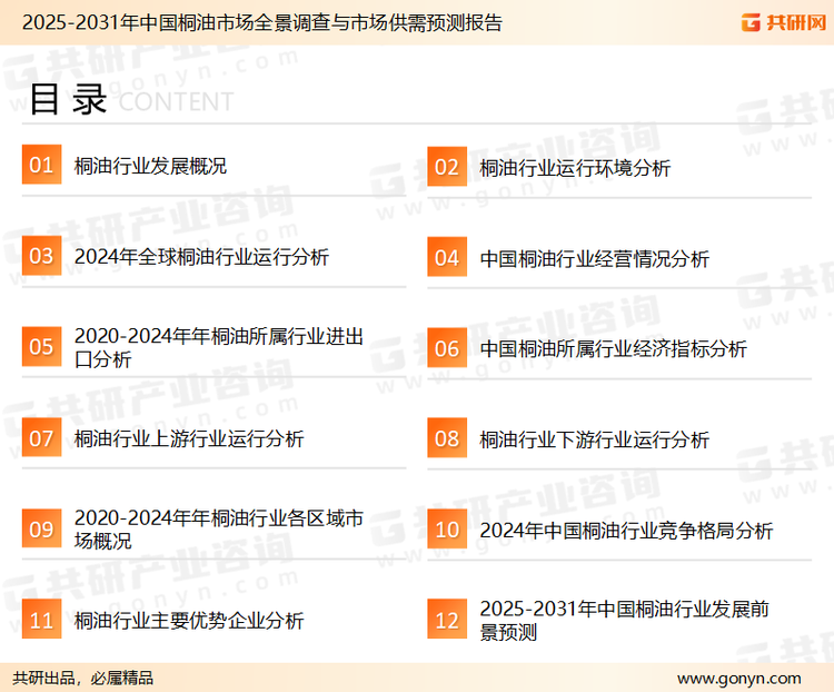 为确保桐油行业数据精准性以及内容的可参考价值，共研产业研究院团队通过上市公司年报、厂家调研、经销商座谈、专家验证等多渠道开展数据采集工作，并运用共研自主建立的产业分析模型，结合市场、行业和厂商进行深度剖析，能够反映当前市场现状、热点、动态及未来趋势，使从业者能够从多种维度、多个侧面综合了解当前桐油行业的发展态势。