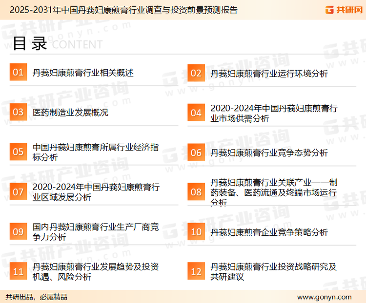 为确保丹莪妇康煎膏行业数据精准性以及内容的可参考价值，共研产业研究院团队通过上市公司年报、厂家调研、经销商座谈、专家验证等多渠道开展数据采集工作，并运用共研自主建立的产业分析模型，结合市场、行业和厂商进行深度剖析，能够反映当前市场现状、热点、动态及未来趋势，使从业者能够从多种维度、多个侧面综合了解当前丹莪妇康煎膏行业的发展态势。