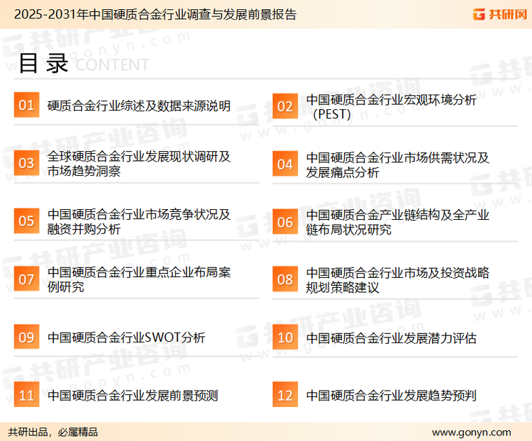 为确保硬质合金行业数据精准性以及内容的可参考价值，共研产业研究院团队通过上市公司年报、厂家调研、经销商座谈、专家验证等多渠道开展数据采集工作，并运用共研自主建立的产业分析模型，结合市场、行业和厂商进行深度剖析，能够反映当前市场现状、热点、动态及未来趋势，使从业者能够从多种维度、多个侧面综合了解当前硬质合金行业的发展态势。