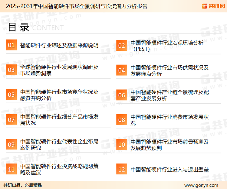 为确保智能硬件行业数据精准性以及内容的可参考价值，共研产业研究院团队通过上市公司年报、厂家调研、经销商座谈、专家验证等多渠道开展数据采集工作，并运用共研自主建立的产业分析模型，结合市场、行业和厂商进行深度剖析，能够反映当前市场现状、热点、动态及未来趋势，使从业者能够从多种维度、多个侧面综合了解当前智能硬件行业的发展态势。