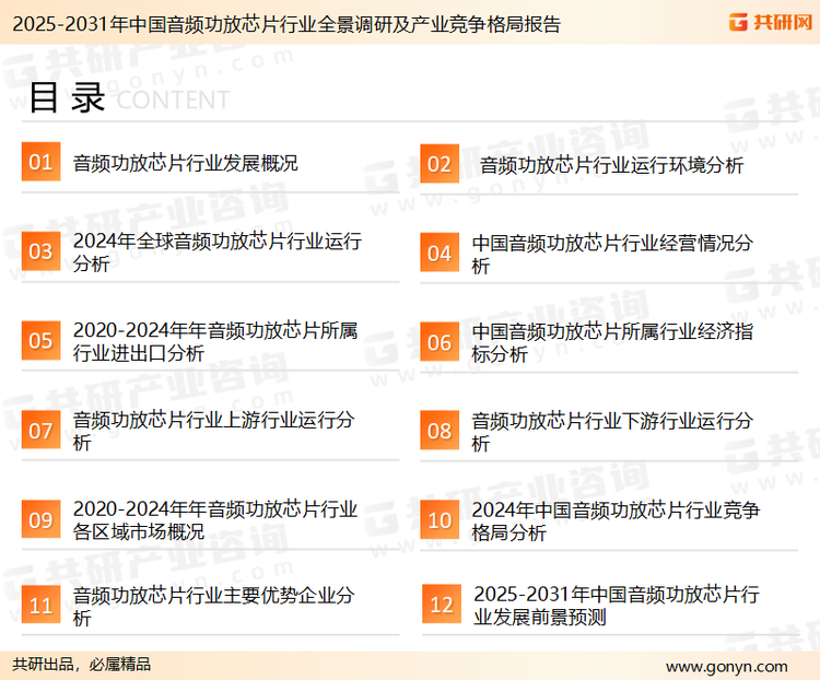 为确保音频功放芯片行业数据精准性以及内容的可参考价值，共研产业研究院团队通过上市公司年报、厂家调研、经销商座谈、专家验证等多渠道开展数据采集工作，并运用共研自主建立的产业分析模型，结合市场、行业和厂商进行深度剖析，能够反映当前市场现状、热点、动态及未来趋势，使从业者能够从多种维度、多个侧面综合了解当前音频功放芯片行业的发展态势。