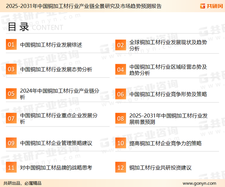 为确保铜加工材行业数据精准性以及内容的可参考价值，共研产业研究院团队通过上市公司年报、厂家调研、经销商座谈、专家验证等多渠道开展数据采集工作，并运用共研自主建立的产业分析模型，结合市场、行业和厂商进行深度剖析，能够反映当前市场现状、热点、动态及未来趋势，使从业者能够从多种维度、多个侧面综合了解当前铜加工材行业的发展态势。