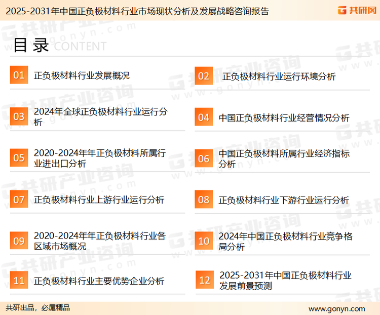 为确保正负极材料行业数据精准性以及内容的可参考价值，共研产业研究院团队通过上市公司年报、厂家调研、经销商座谈、专家验证等多渠道开展数据采集工作，并运用共研自主建立的产业分析模型，结合市场、行业和厂商进行深度剖析，能够反映当前市场现状、热点、动态及未来趋势，使从业者能够从多种维度、多个侧面综合了解当前正负极材料行业的发展态势。