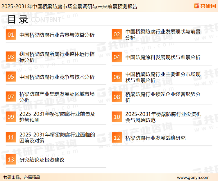 为确保桥梁防腐行业数据精准性以及内容的可参考价值，共研产业研究院团队通过上市公司年报、厂家调研、经销商座谈、专家验证等多渠道开展数据采集工作，并运用共研自主建立的产业分析模型，结合市场、行业和厂商进行深度剖析，能够反映当前市场现状、热点、动态及未来趋势，使从业者能够从多种维度、多个侧面综合了解当前桥梁防腐行业的发展态势。
