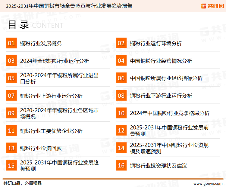 为确保铜粉行业数据精准性以及内容的可参考价值，共研产业研究院团队通过上市公司年报、厂家调研、经销商座谈、专家验证等多渠道开展数据采集工作，并运用共研自主建立的产业分析模型，结合市场、行业和厂商进行深度剖析，能够反映当前市场现状、热点、动态及未来趋势，使从业者能够从多种维度、多个侧面综合了解当前铜粉行业的发展态势。