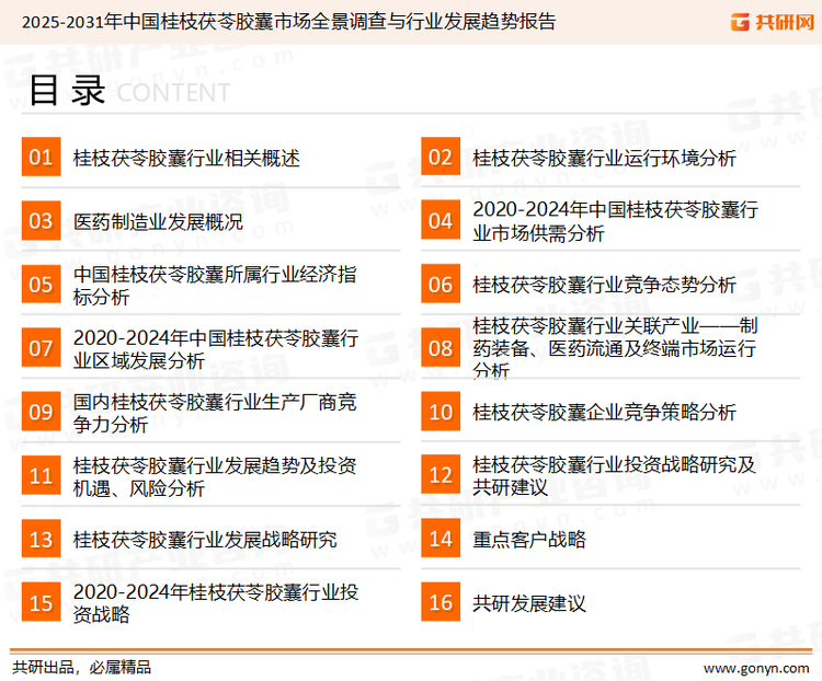为确保桂枝茯苓胶囊行业数据精准性以及内容的可参考价值，共研产业研究院团队通过上市公司年报、厂家调研、经销商座谈、专家验证等多渠道开展数据采集工作，并运用共研自主建立的产业分析模型，结合市场、行业和厂商进行深度剖析，能够反映当前市场现状、热点、动态及未来趋势，使从业者能够从多种维度、多个侧面综合了解当前桂枝茯苓胶囊行业的发展态势。