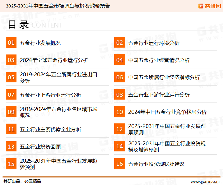 为确保五金行业数据精准性以及内容的可参考价值，共研产业研究院团队通过上市公司年报、厂家调研、经销商座谈、专家验证等多渠道开展数据采集工作，并运用共研自主建立的产业分析模型，结合市场、行业和厂商进行深度剖析，能够反映当前市场现状、热点、动态及未来趋势，使从业者能够从多种维度、多个侧面综合了解当前五金行业的发展态势。