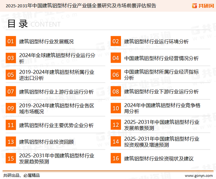 为确保建筑铝型材行业数据精准性以及内容的可参考价值，共研产业研究院团队通过上市公司年报、厂家调研、经销商座谈、专家验证等多渠道开展数据采集工作，并运用共研自主建立的产业分析模型，结合市场、行业和厂商进行深度剖析，能够反映当前市场现状、热点、动态及未来趋势，使从业者能够从多种维度、多个侧面综合了解当前建筑铝型材行业的发展态势。