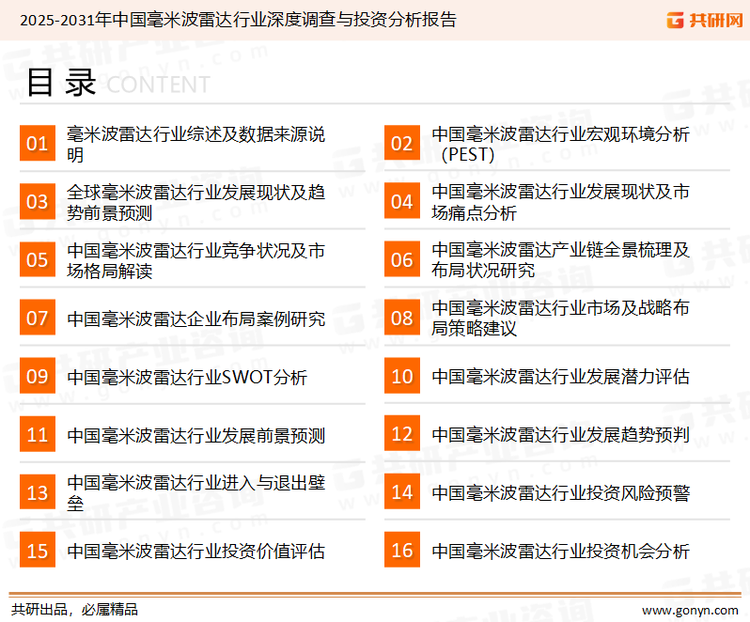 为确保毫米波雷达行业数据精准性以及内容的可参考价值，共研产业研究院团队通过上市公司年报、厂家调研、经销商座谈、专家验证等多渠道开展数据采集工作，并运用共研自主建立的产业分析模型，结合市场、行业和厂商进行深度剖析，能够反映当前市场现状、热点、动态及未来趋势，使从业者能够从多种维度、多个侧面综合了解当前毫米波雷达行业的发展态势。