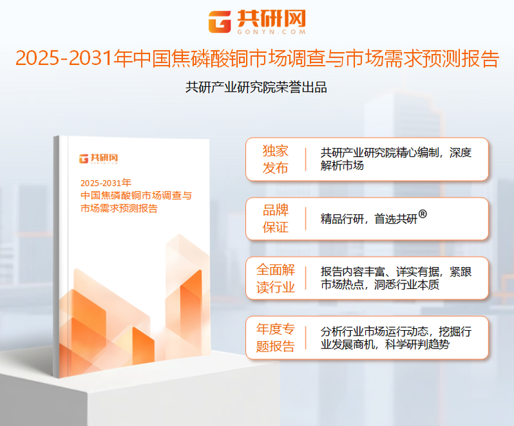 共研产业研究院通过对公开信息分析、业内资深人士和相关企业高管的深度访谈，以及分析师专业性判断和评价撰写了《2025-2031年中国焦磷酸铜市场调查与市场需求预测报告》。本报告为焦磷酸铜企业决策人及投资者提供了重要参考依据。