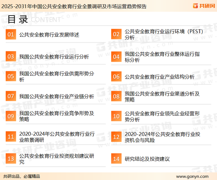为确保公共安全教育行业数据精准性以及内容的可参考价值，共研产业研究院团队通过上市公司年报、厂家调研、经销商座谈、专家验证等多渠道开展数据采集工作，并运用共研自主建立的产业分析模型，结合市场、行业和厂商进行深度剖析，能够反映当前市场现状、热点、动态及未来趋势，使从业者能够从多种维度、多个侧面综合了解当前公共安全教育行业的发展态势。