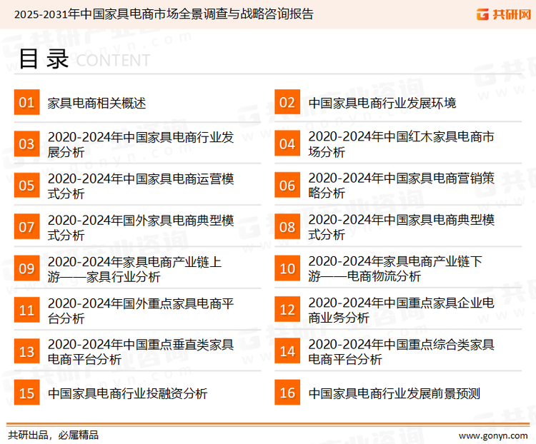 为确保家具电商行业数据精准性以及内容的可参考价值，共研产业研究院团队通过上市公司年报、厂家调研、经销商座谈、专家验证等多渠道开展数据采集工作，并运用共研自主建立的产业分析模型，结合市场、行业和厂商进行深度剖析，能够反映当前市场现状、热点、动态及未来趋势，使从业者能够从多种维度、多个侧面综合了解当前家具电商行业的发展态势。