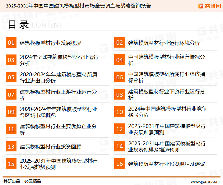 为确保建筑模板型材行业数据精准性以及内容的可参考价值，共研产业研究院团队通过上市公司年报、厂家调研、经销商座谈、专家验证等多渠道开展数据采集工作，并运用共研自主建立的产业分析模型，结合市场、行业和厂商进行深度剖析，能够反映当前市场现状、热点、动态及未来趋势，使从业者能够从多种维度、多个侧面综合了解当前建筑模板型材行业的发展态势。