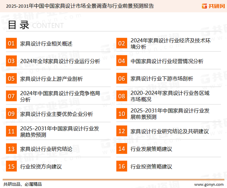 为确保家具设计行业数据精准性以及内容的可参考价值，共研产业研究院团队通过上市公司年报、厂家调研、经销商座谈、专家验证等多渠道开展数据采集工作，并运用共研自主建立的产业分析模型，结合市场、行业和厂商进行深度剖析，能够反映当前市场现状、热点、动态及未来趋势，使从业者能够从多种维度、多个侧面综合了解当前家具设计行业的发展态势。