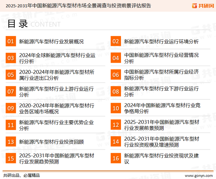为确保新能源汽车型材行业数据精准性以及内容的可参考价值，共研产业研究院团队通过上市公司年报、厂家调研、经销商座谈、专家验证等多渠道开展数据采集工作，并运用共研自主建立的产业分析模型，结合市场、行业和厂商进行深度剖析，能够反映当前市场现状、热点、动态及未来趋势，使从业者能够从多种维度、多个侧面综合了解当前新能源汽车型材行业的发展态势。