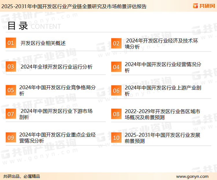 为确保开发区行业数据精准性以及内容的可参考价值，共研产业研究院团队通过上市公司年报、厂家调研、经销商座谈、专家验证等多渠道开展数据采集工作，并运用共研自主建立的产业分析模型，结合市场、行业和厂商进行深度剖析，能够反映当前市场现状、热点、动态及未来趋势，使从业者能够从多种维度、多个侧面综合了解当前开发区行业的发展态势。