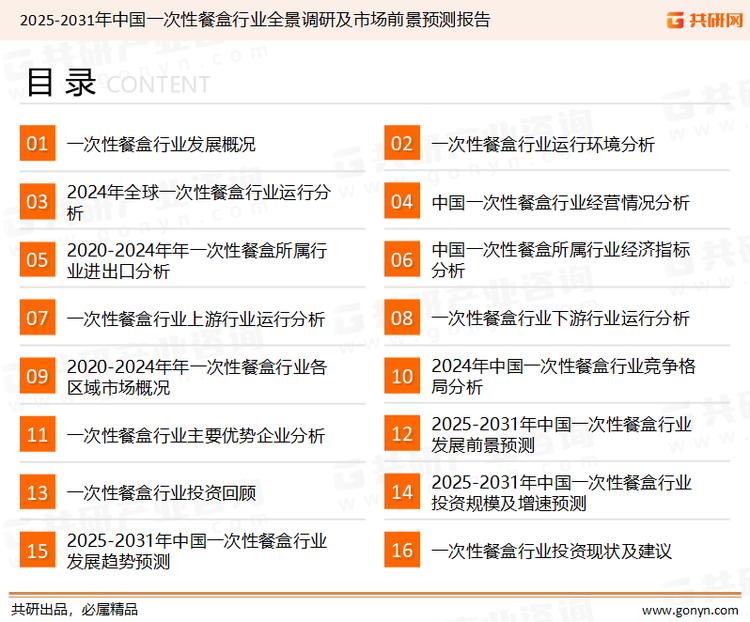 为确保一次性餐盒行业数据精准性以及内容的可参考价值，共研产业研究院团队通过上市公司年报、厂家调研、经销商座谈、专家验证等多渠道开展数据采集工作，并运用共研自主建立的产业分析模型，结合市场、行业和厂商进行深度剖析，能够反映当前市场现状、热点、动态及未来趋势，使从业者能够从多种维度、多个侧面综合了解当前一次性餐盒行业的发展态势。