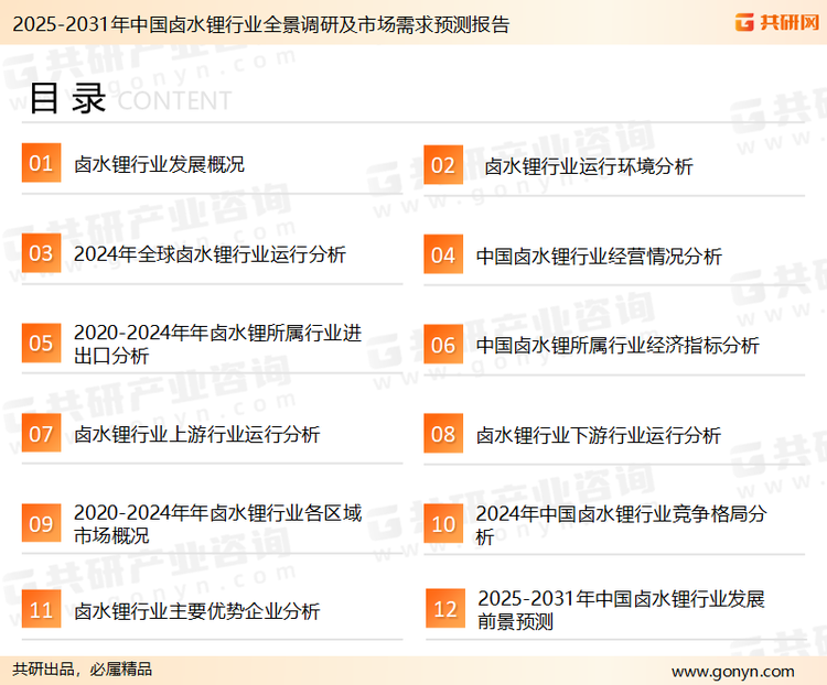 为确保卤水锂行业数据精准性以及内容的可参考价值，共研产业研究院团队通过上市公司年报、厂家调研、经销商座谈、专家验证等多渠道开展数据采集工作，并运用共研自主建立的产业分析模型，结合市场、行业和厂商进行深度剖析，能够反映当前市场现状、热点、动态及未来趋势，使从业者能够从多种维度、多个侧面综合了解当前卤水锂行业的发展态势。