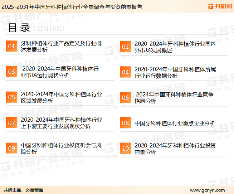 为确保牙科种植体行业数据精准性以及内容的可参考价值，共研产业研究院团队通过上市公司年报、厂家调研、经销商座谈、专家验证等多渠道开展数据采集工作，并运用共研自主建立的产业分析模型，结合市场、行业和厂商进行深度剖析，能够反映当前市场现状、热点、动态及未来趋势，使从业者能够从多种维度、多个侧面综合了解当前牙科种植体行业的发展态势。