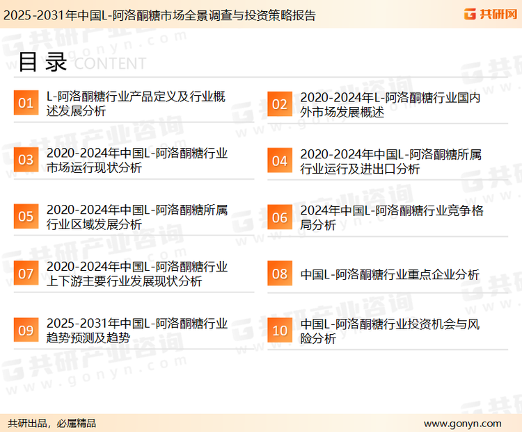 为确保L-阿洛酮糖行业数据精准性以及内容的可参考价值，共研产业研究院团队通过上市公司年报、厂家调研、经销商座谈、专家验证等多渠道开展数据采集工作，并运用共研自主建立的产业分析模型，结合市场、行业和厂商进行深度剖析，能够反映当前市场现状、热点、动态及未来趋势，使从业者能够从多种维度、多个侧面综合了解当前L-阿洛酮糖行业的发展态势。