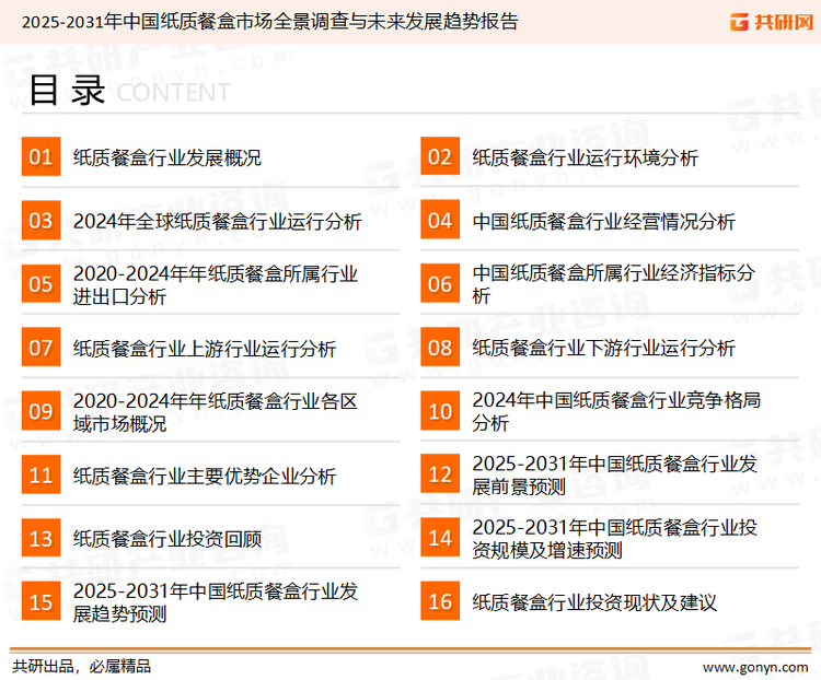 为确保纸质餐盒行业数据精准性以及内容的可参考价值，共研产业研究院团队通过上市公司年报、厂家调研、经销商座谈、专家验证等多渠道开展数据采集工作，并运用共研自主建立的产业分析模型，结合市场、行业和厂商进行深度剖析，能够反映当前市场现状、热点、动态及未来趋势，使从业者能够从多种维度、多个侧面综合了解当前纸质餐盒行业的发展态势。
