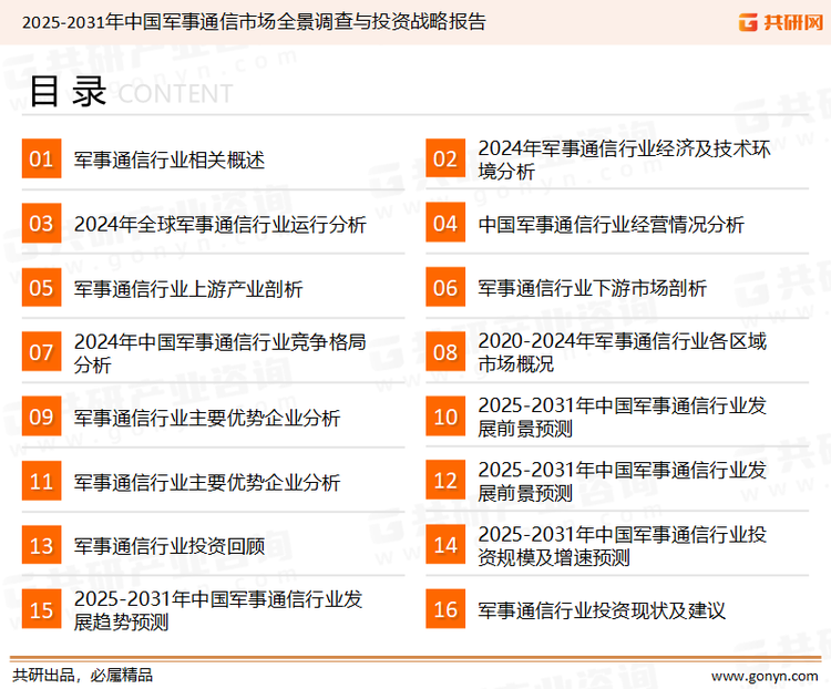 为确保军事通信行业数据精准性以及内容的可参考价值，共研产业研究院团队通过上市公司年报、厂家调研、经销商座谈、专家验证等多渠道开展数据采集工作，并运用共研自主建立的产业分析模型，结合市场、行业和厂商进行深度剖析，能够反映当前市场现状、热点、动态及未来趋势，使从业者能够从多种维度、多个侧面综合了解当前军事通信行业的发展态势。