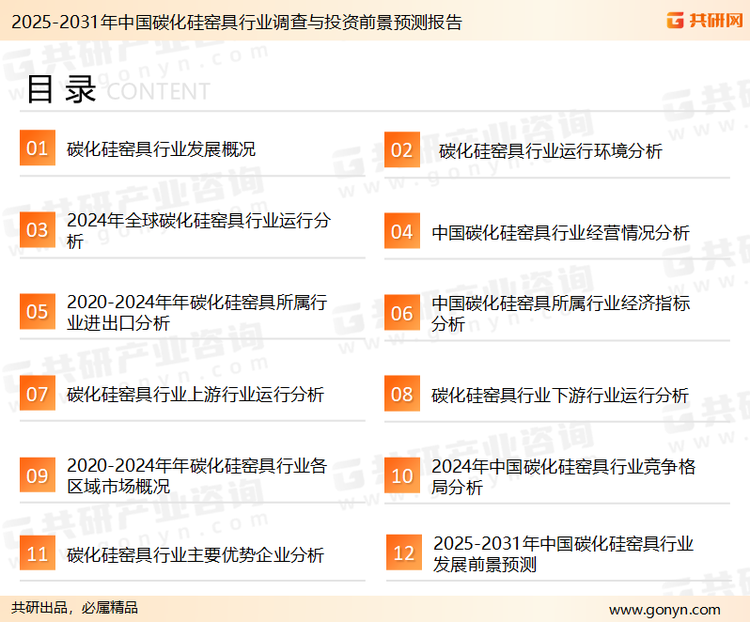 为确保碳化硅窑具行业数据精准性以及内容的可参考价值，共研产业研究院团队通过上市公司年报、厂家调研、经销商座谈、专家验证等多渠道开展数据采集工作，并运用共研自主建立的产业分析模型，结合市场、行业和厂商进行深度剖析，能够反映当前市场现状、热点、动态及未来趋势，使从业者能够从多种维度、多个侧面综合了解当前碳化硅窑具行业的发展态势。