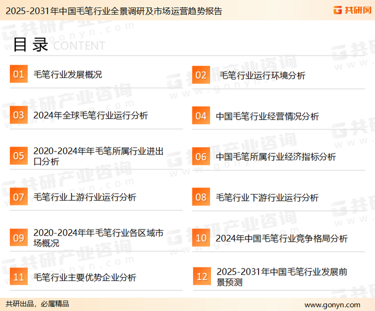 为确保毛笔行业数据精准性以及内容的可参考价值，共研产业研究院团队通过上市公司年报、厂家调研、经销商座谈、专家验证等多渠道开展数据采集工作，并运用共研自主建立的产业分析模型，结合市场、行业和厂商进行深度剖析，能够反映当前市场现状、热点、动态及未来趋势，使从业者能够从多种维度、多个侧面综合了解当前毛笔行业的发展态势。