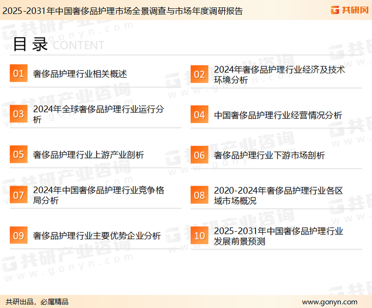 为确保奢侈品护理行业数据精准性以及内容的可参考价值，共研产业研究院团队通过上市公司年报、厂家调研、经销商座谈、专家验证等多渠道开展数据采集工作，并运用共研自主建立的产业分析模型，结合市场、行业和厂商进行深度剖析，能够反映当前市场现状、热点、动态及未来趋势，使从业者能够从多种维度、多个侧面综合了解当前奢侈品护理行业的发展态势。