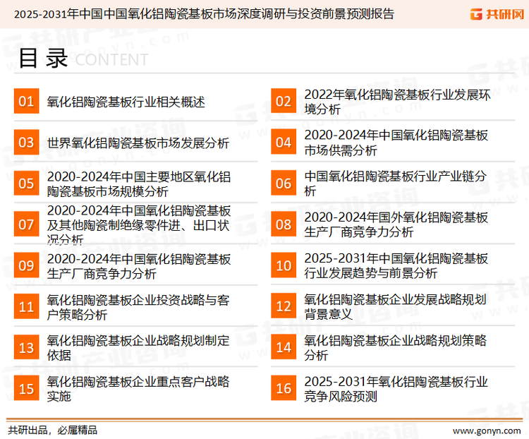 为确保氧化铝陶瓷基板行业数据精准性以及内容的可参考价值，共研产业研究院团队通过上市公司年报、厂家调研、经销商座谈、专家验证等多渠道开展数据采集工作，并运用共研自主建立的产业分析模型，结合市场、行业和厂商进行深度剖析，能够反映当前市场现状、热点、动态及未来趋势，使从业者能够从多种维度、多个侧面综合了解当前氧化铝陶瓷基板行业的发展态势。