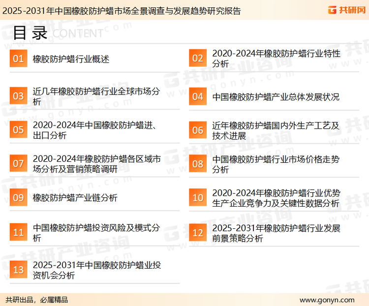 为确保橡胶防护蜡行业数据精准性以及内容的可参考价值，共研产业研究院团队通过上市公司年报、厂家调研、经销商座谈、专家验证等多渠道开展数据采集工作，并运用共研自主建立的产业分析模型，结合市场、行业和厂商进行深度剖析，能够反映当前市场现状、热点、动态及未来趋势，使从业者能够从多种维度、多个侧面综合了解当前橡胶防护蜡行业的发展态势。