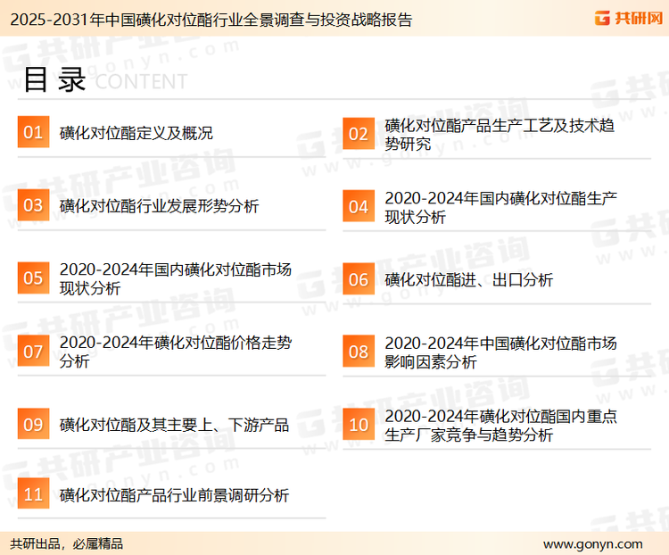 为确保磺化对位酯行业数据精准性以及内容的可参考价值，共研产业研究院团队通过上市公司年报、厂家调研、经销商座谈、专家验证等多渠道开展数据采集工作，并运用共研自主建立的产业分析模型，结合市场、行业和厂商进行深度剖析，能够反映当前市场现状、热点、动态及未来趋势，使从业者能够从多种维度、多个侧面综合了解当前磺化对位酯行业的发展态势。