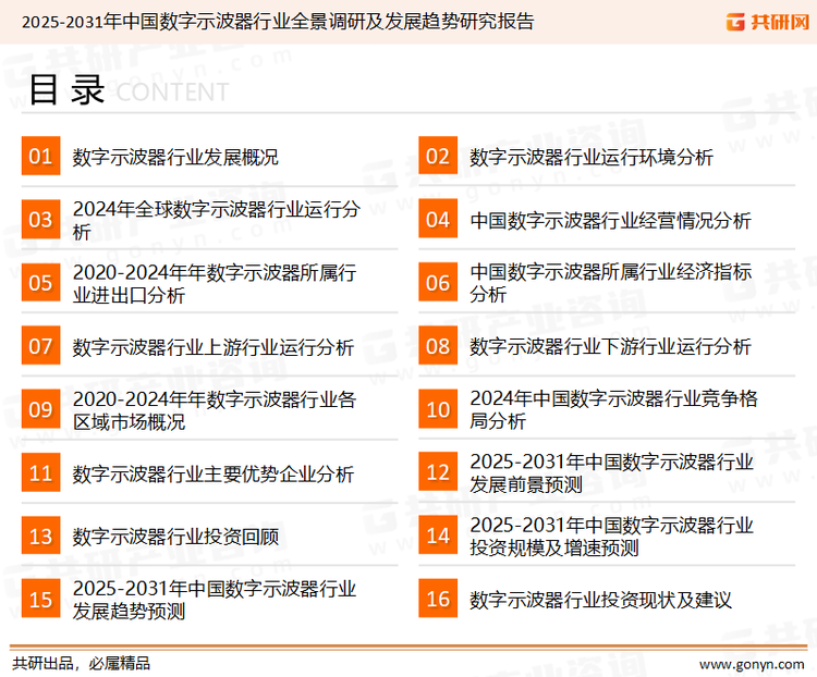 为确保数字示波器行业数据精准性以及内容的可参考价值，共研产业研究院团队通过上市公司年报、厂家调研、经销商座谈、专家验证等多渠道开展数据采集工作，并运用共研自主建立的产业分析模型，结合市场、行业和厂商进行深度剖析，能够反映当前市场现状、热点、动态及未来趋势，使从业者能够从多种维度、多个侧面综合了解当前数字示波器行业的发展态势。