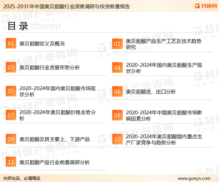 为确保奥贝胆酸行业数据精准性以及内容的可参考价值，共研产业研究院团队通过上市公司年报、厂家调研、经销商座谈、专家验证等多渠道开展数据采集工作，并运用共研自主建立的产业分析模型，结合市场、行业和厂商进行深度剖析，能够反映当前市场现状、热点、动态及未来趋势，使从业者能够从多种维度、多个侧面综合了解当前奥贝胆酸行业的发展态势。
