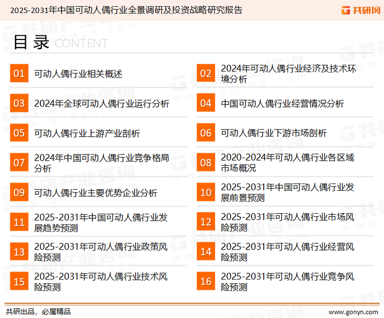 为确保可动人偶行业数据精准性以及内容的可参考价值，共研产业研究院团队通过上市公司年报、厂家调研、经销商座谈、专家验证等多渠道开展数据采集工作，并运用共研自主建立的产业分析模型，结合市场、行业和厂商进行深度剖析，能够反映当前市场现状、热点、动态及未来趋势，使从业者能够从多种维度、多个侧面综合了解当前可动人偶行业的发展态势。