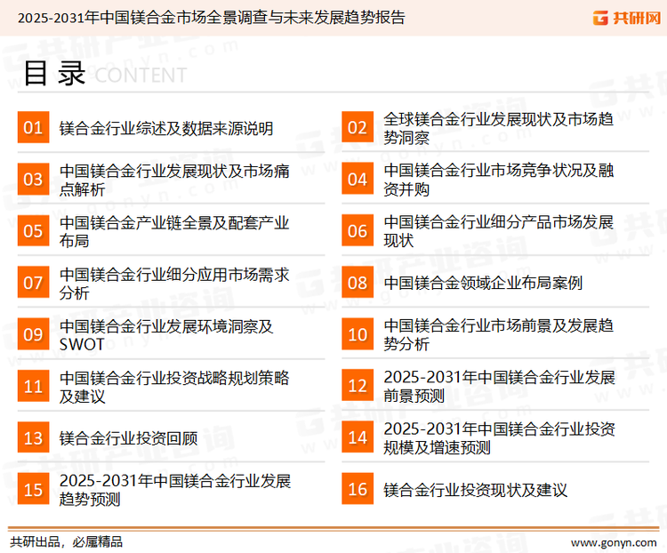 为确保镁合金行业数据精准性以及内容的可参考价值，共研产业研究院团队通过上市公司年报、厂家调研、经销商座谈、专家验证等多渠道开展数据采集工作，并运用共研自主建立的产业分析模型，结合市场、行业和厂商进行深度剖析，能够反映当前市场现状、热点、动态及未来趋势，使从业者能够从多种维度、多个侧面综合了解当前镁合金行业的发展态势。