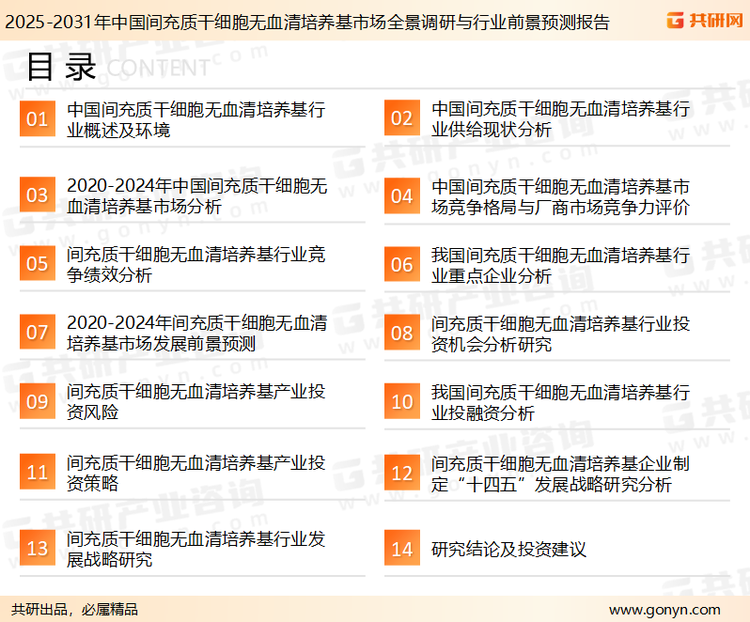 为确保间充质干细胞无血清培养基行业数据精准性以及内容的可参考价值，共研产业研究院团队通过上市公司年报、厂家调研、经销商座谈、专家验证等多渠道开展数据采集工作，并运用共研自主建立的产业分析模型，结合市场、行业和厂商进行深度剖析，能够反映当前市场现状、热点、动态及未来趋势，使从业者能够从多种维度、多个侧面综合了解当前间充质干细胞无血清培养基行业的发展态势。