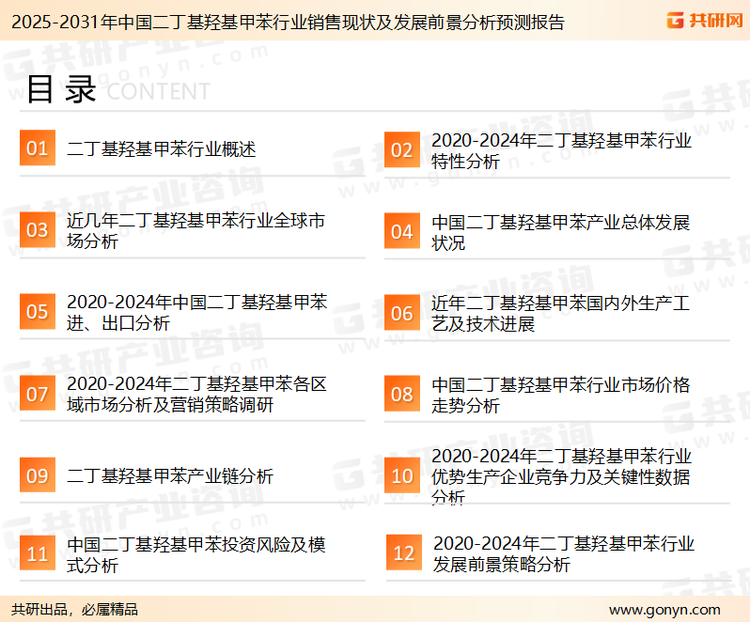 为确保二丁基羟基甲苯行业数据精准性以及内容的可参考价值，共研产业研究院团队通过上市公司年报、厂家调研、经销商座谈、专家验证等多渠道开展数据采集工作，并运用共研自主建立的产业分析模型，结合市场、行业和厂商进行深度剖析，能够反映当前市场现状、热点、动态及未来趋势，使从业者能够从多种维度、多个侧面综合了解当前二丁基羟基甲苯行业的发展态势。
