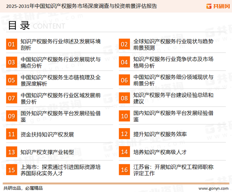 为确保知识产权服务行业数据精准性以及内容的可参考价值，共研产业研究院团队通过上市公司年报、厂家调研、经销商座谈、专家验证等多渠道开展数据采集工作，并运用共研自主建立的产业分析模型，结合市场、行业和厂商进行深度剖析，能够反映当前市场现状、热点、动态及未来趋势，使从业者能够从多种维度、多个侧面综合了解当前知识产权服务行业的发展态势。