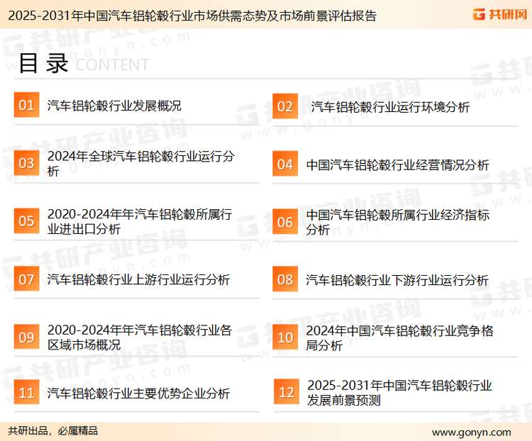 为确保汽车铝轮毂行业数据精准性以及内容的可参考价值，共研产业研究院团队通过上市公司年报、厂家调研、经销商座谈、专家验证等多渠道开展数据采集工作，并运用共研自主建立的产业分析模型，结合市场、行业和厂商进行深度剖析，能够反映当前市场现状、热点、动态及未来趋势，使从业者能够从多种维度、多个侧面综合了解当前汽车铝轮毂行业的发展态势。