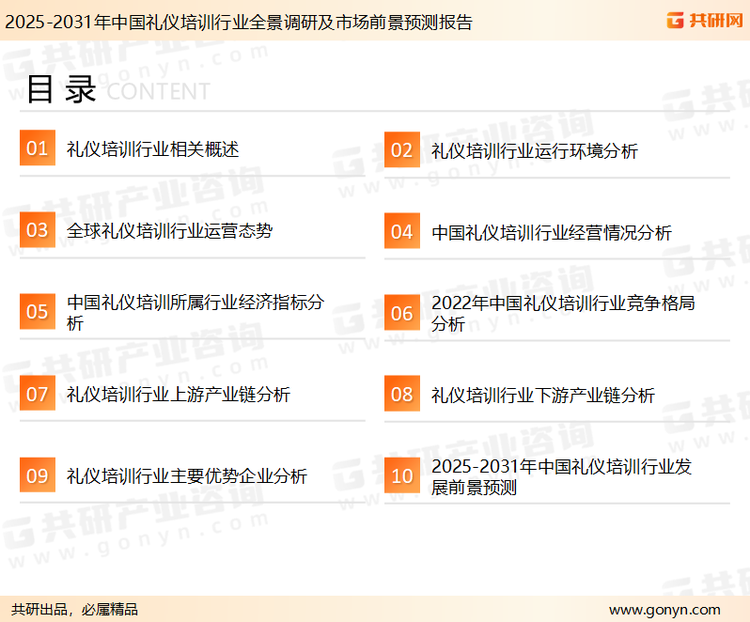 为确保礼仪培训行业数据精准性以及内容的可参考价值，共研产业研究院团队通过上市公司年报、厂家调研、经销商座谈、专家验证等多渠道开展数据采集工作，并运用共研自主建立的产业分析模型，结合市场、行业和厂商进行深度剖析，能够反映当前市场现状、热点、动态及未来趋势，使从业者能够从多种维度、多个侧面综合了解当前礼仪培训行业的发展态势。