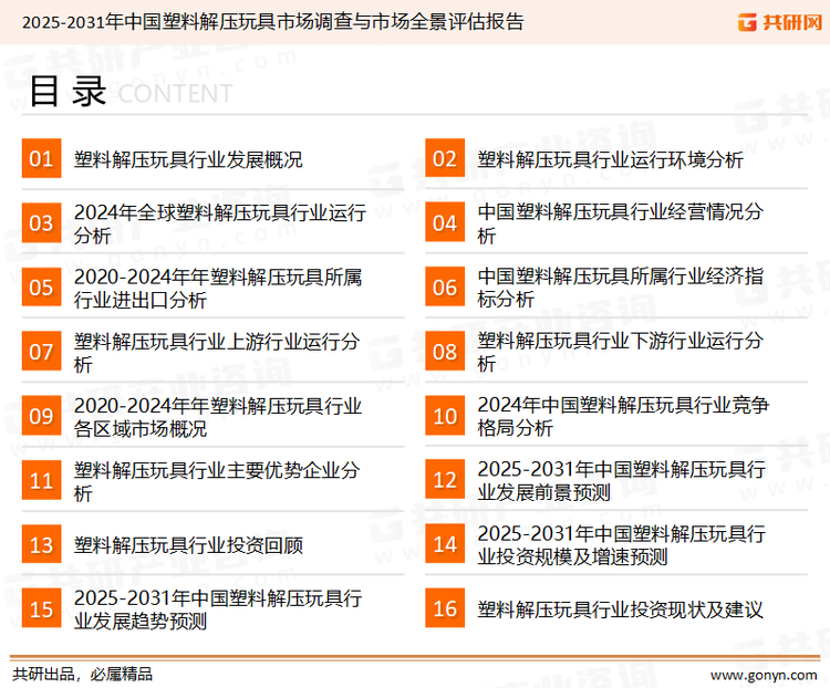 为确保塑料解压玩具行业数据精准性以及内容的可参考价值，共研产业研究院团队通过上市公司年报、厂家调研、经销商座谈、专家验证等多渠道开展数据采集工作，并运用共研自主建立的产业分析模型，结合市场、行业和厂商进行深度剖析，能够反映当前市场现状、热点、动态及未来趋势，使从业者能够从多种维度、多个侧面综合了解当前塑料解压玩具行业的发展态势。